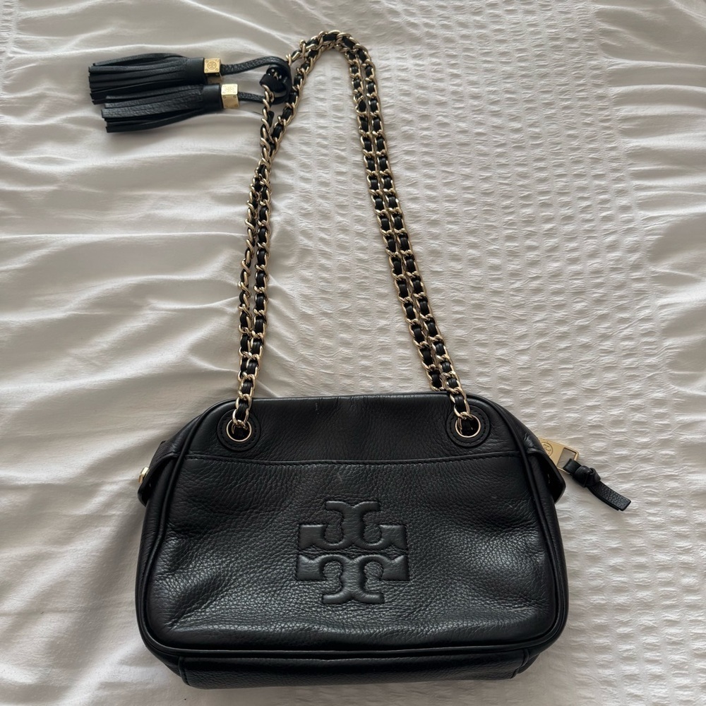 Tory Burch Thea Black Leather Crossbody Bag with Chain Strap and tassel